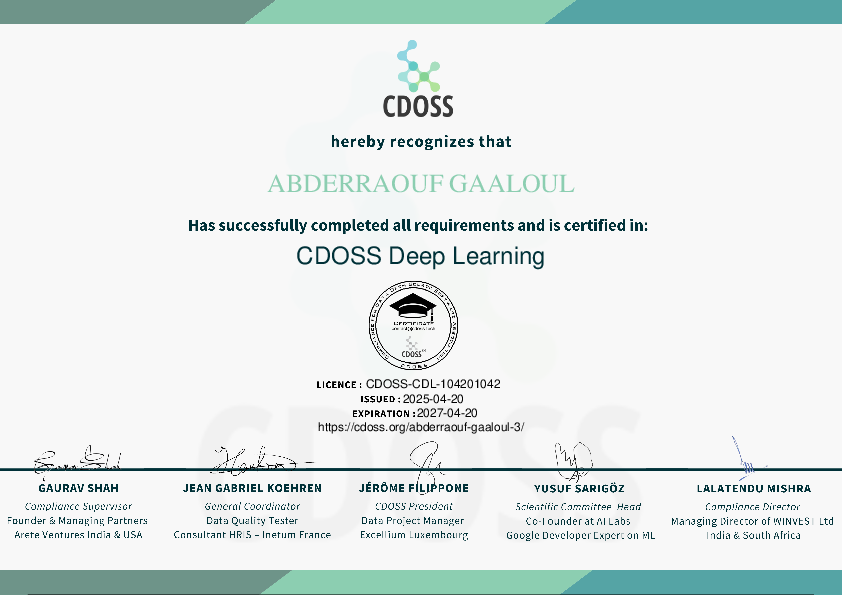 Certificate for Abderraouf Gaaloul