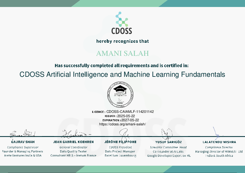 Certificate for Amani Salah
