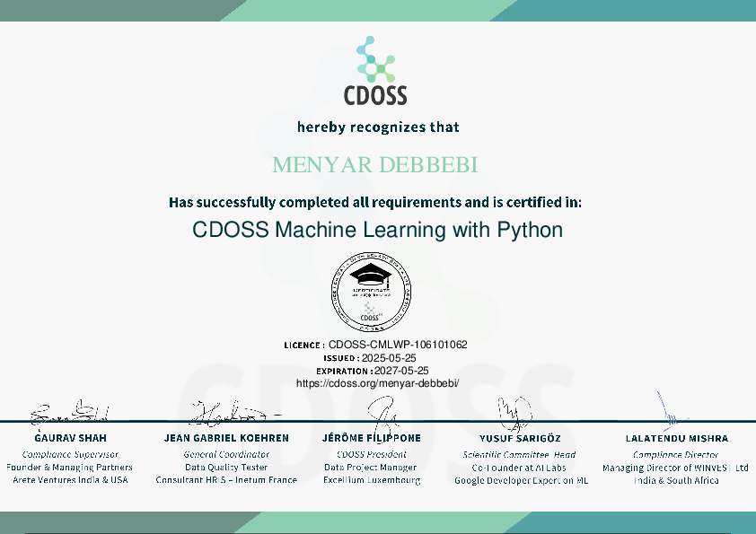 Certificate for Menyar Debbebi 