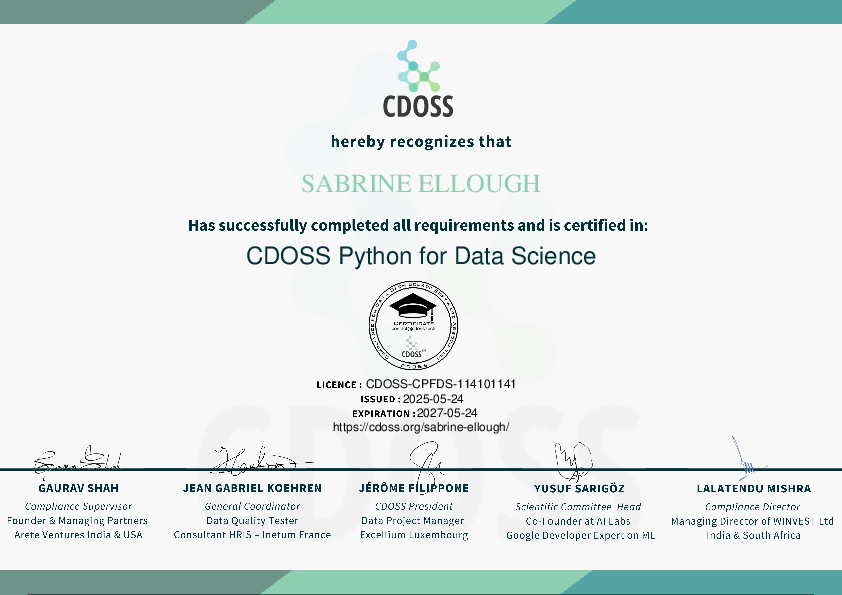 Certificate for Sabrine Ellough