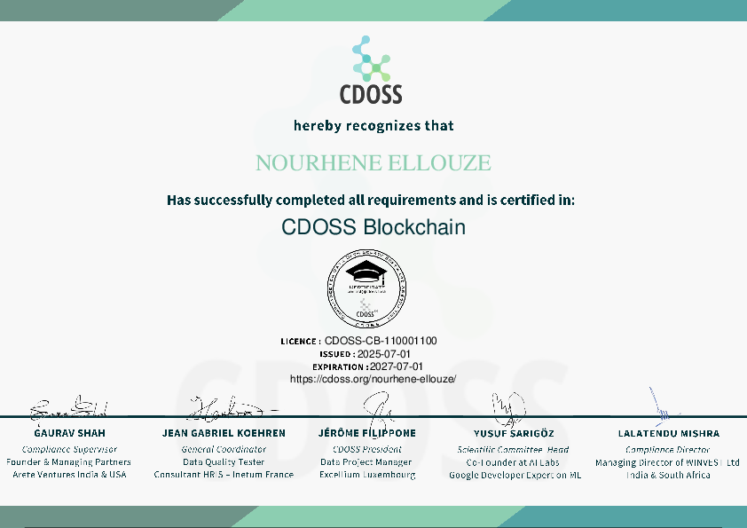 Certificate for Nourhene Ellouze