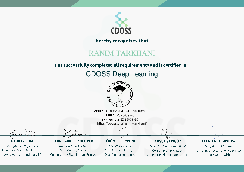 Certificate for Ranim Tarkhani