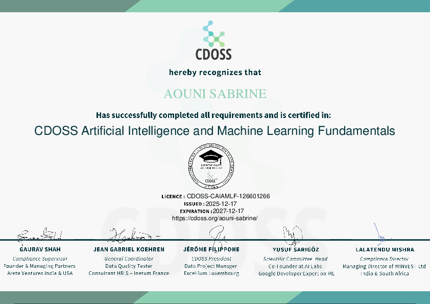 Certificate for Aouni Sabrine